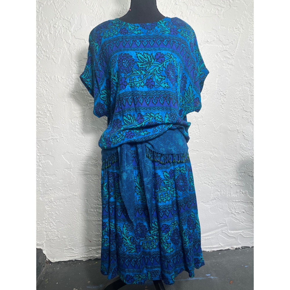 Vintage Carole Little Blue Teal Floral Beaded Drop Waist Blouson Dress Size 10